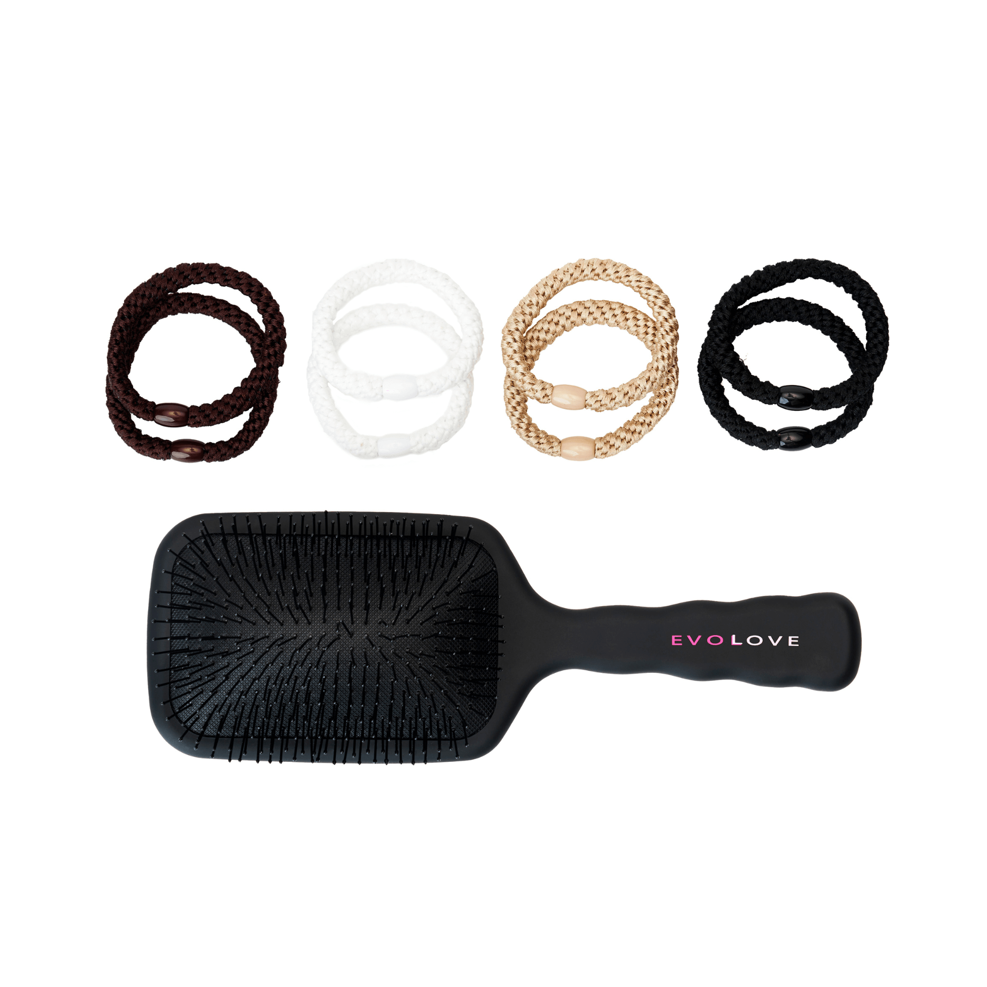 Hair brush and hair tie set displayed clearly against a white background.