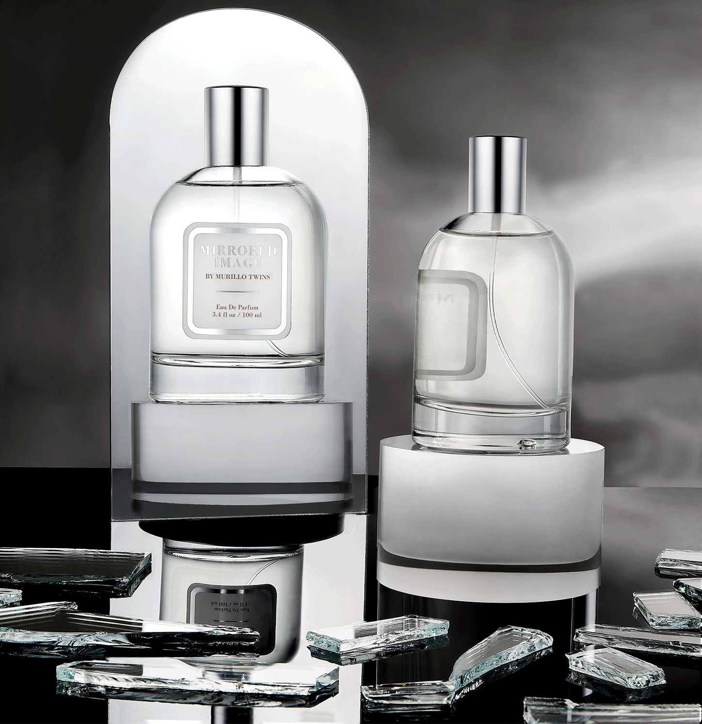 Best-selling celebrity perfume, Mirrored Image, reflecting in a mirror with broken glass around it.