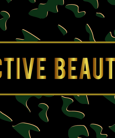 Active Beaut-E black, green and gold patterned label/logo.